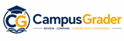 CampusGrader logo with CG education icon, graduation cap, open book, navy and gold wordmark, and tagline Review Compare Choose With Confidence